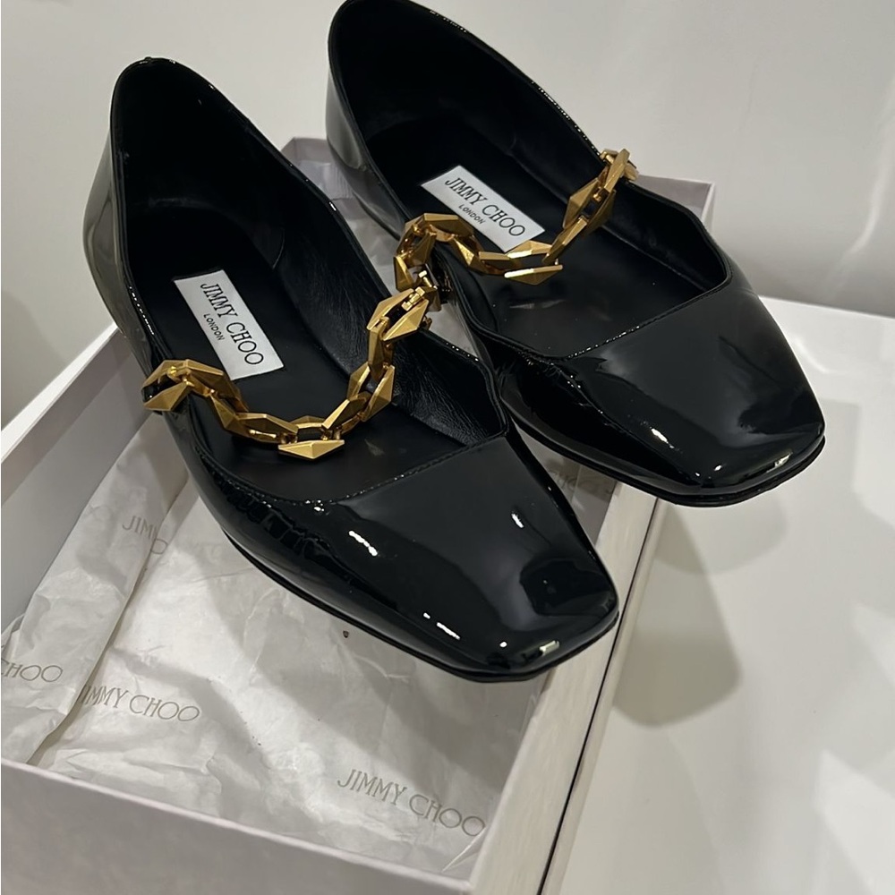 Jimmy Choo Black Patent Flats with Gold Chain